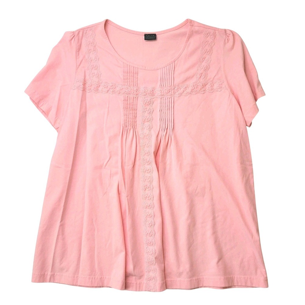 Oversized Pink Lace Pintuck Short Sleeve Top Scoop Neck Womens 2X Cottagecore